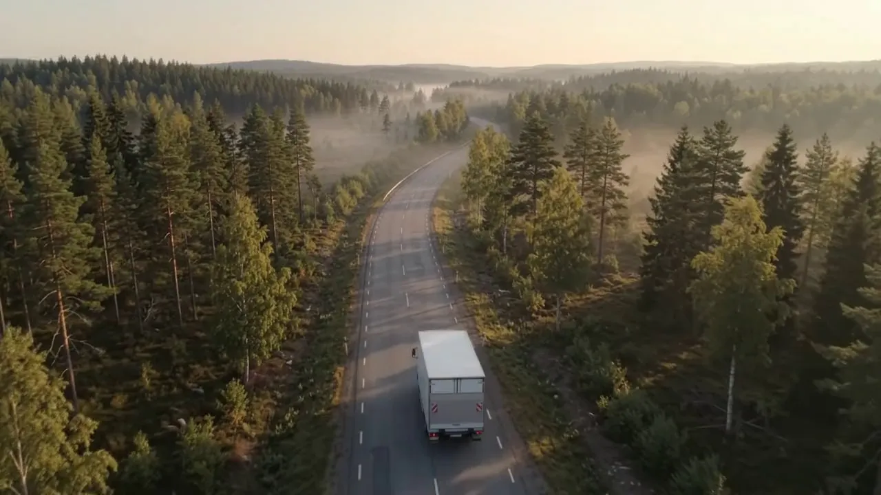 A truck on a road through Nordic pine forest at sunrise, seen from a drone behind it