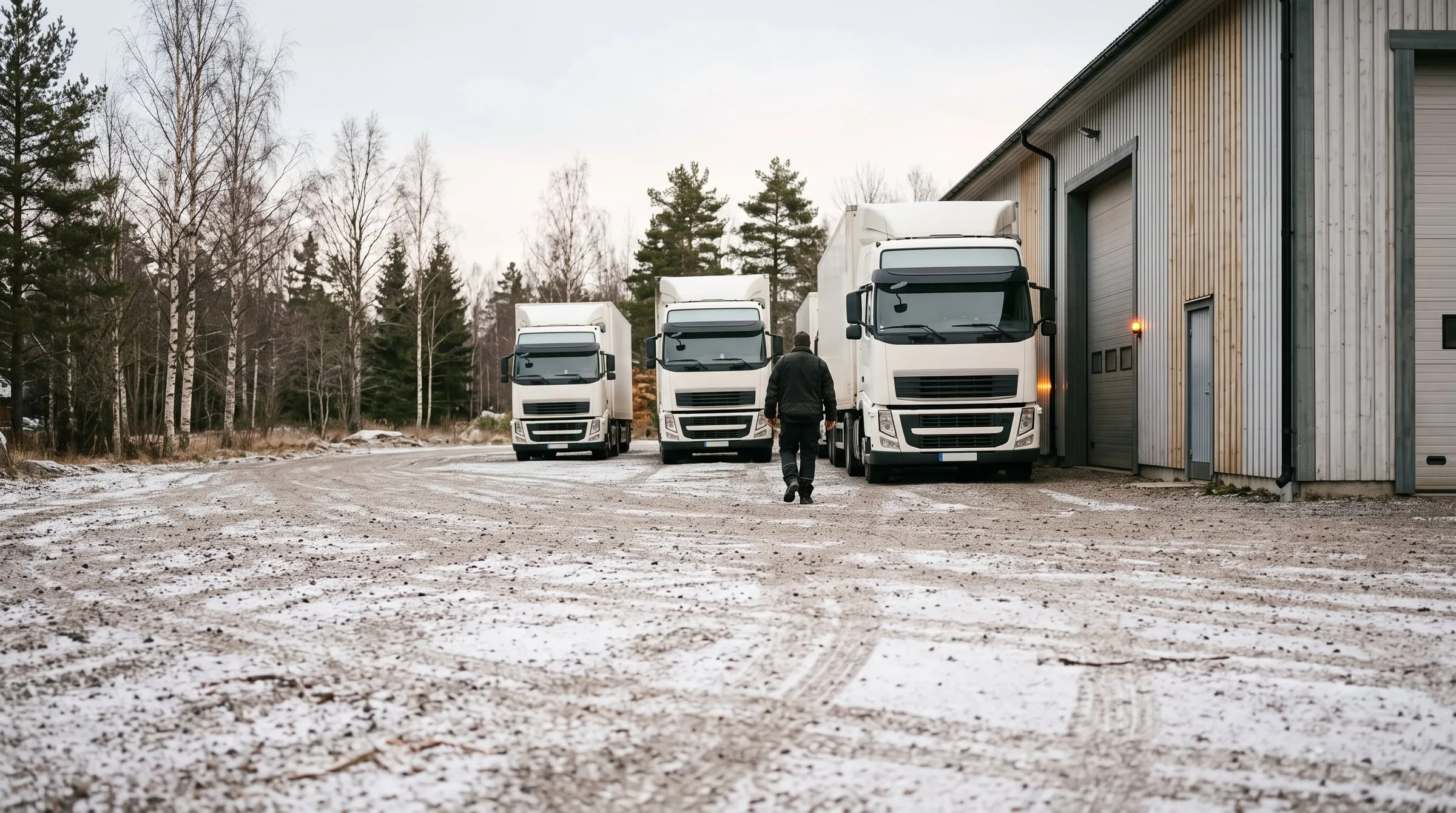 Three white trucks parked at a depot on a frosty morning, a driver walking towards them