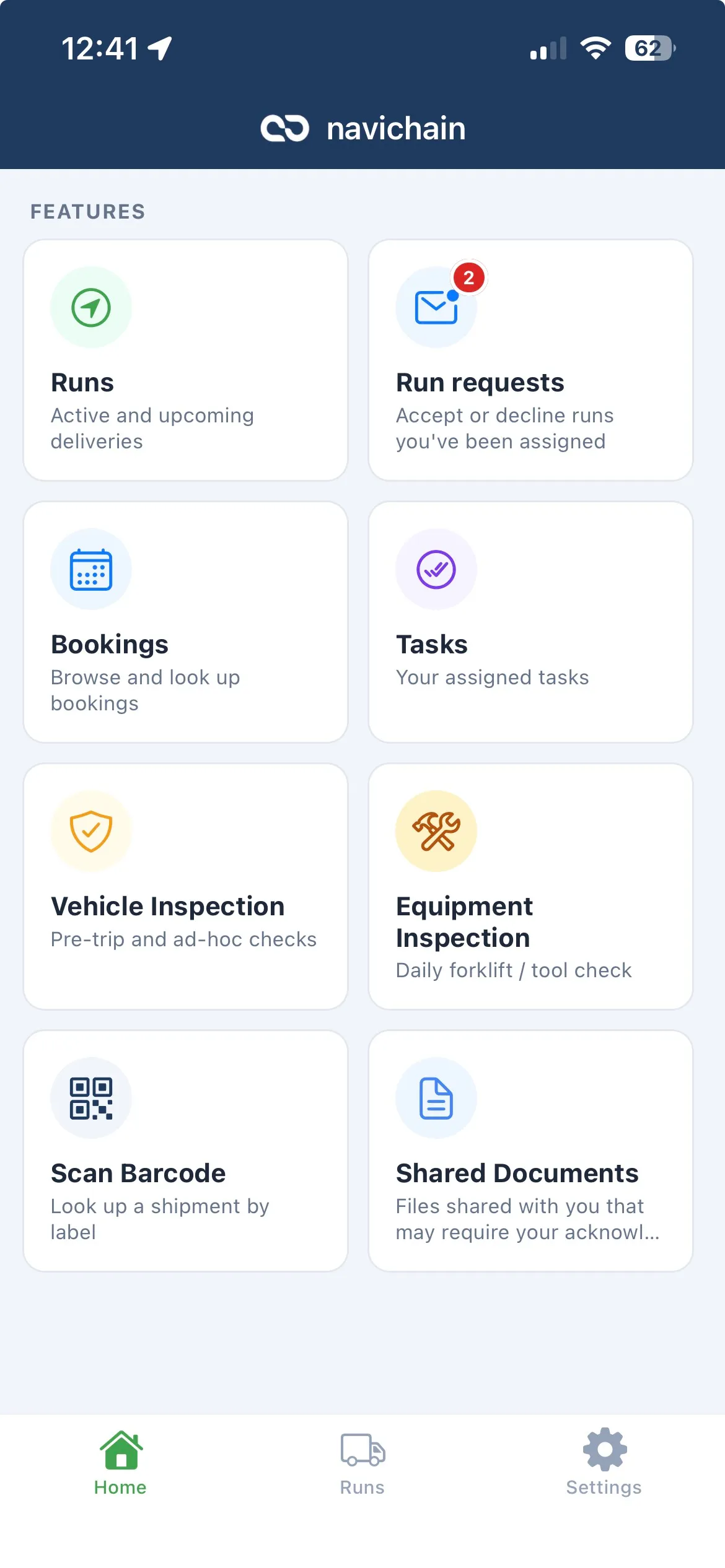 The navichain 365 driver app home screen — runs, run requests, bookings, tasks, vehicle and equipment inspections, barcode scanning and shared documents