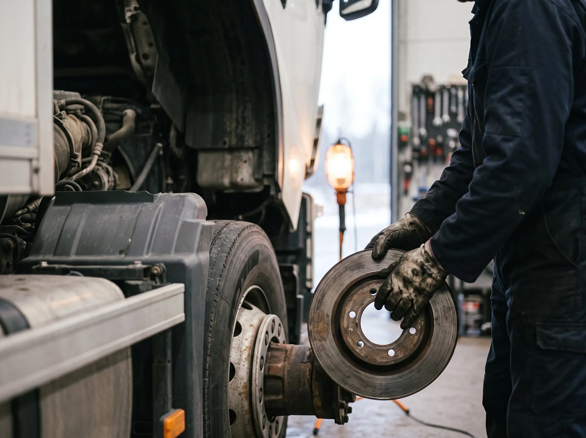 A mechanic holding a worn brake disc beside a truck in the workshop