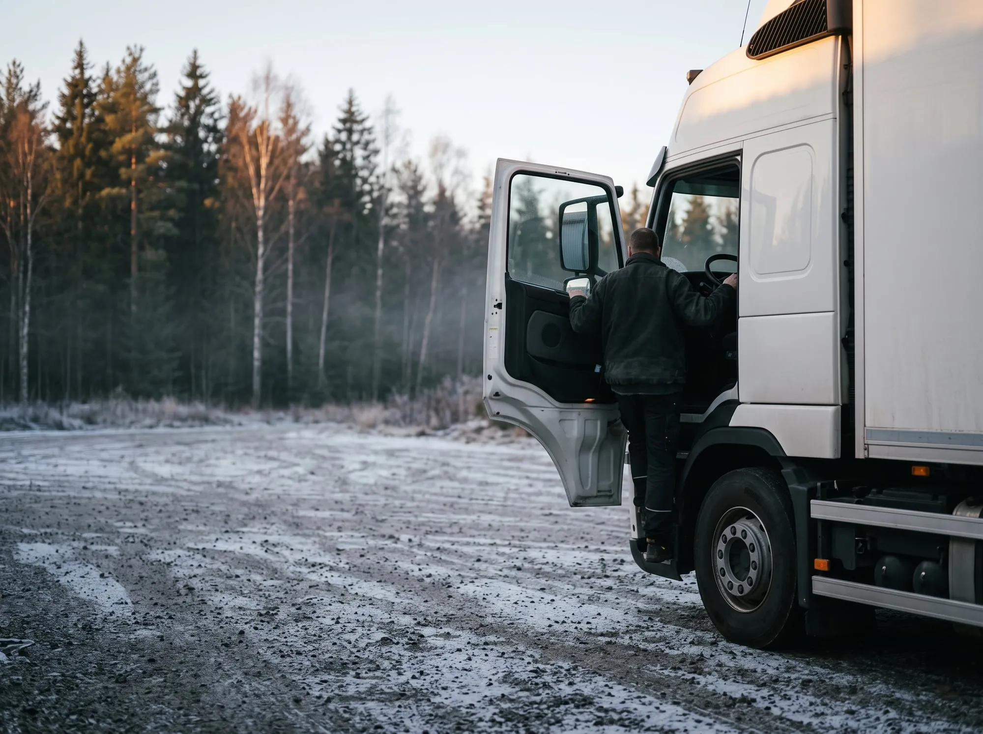 A driver climbing into the cab of a white truck at a frosty dawn