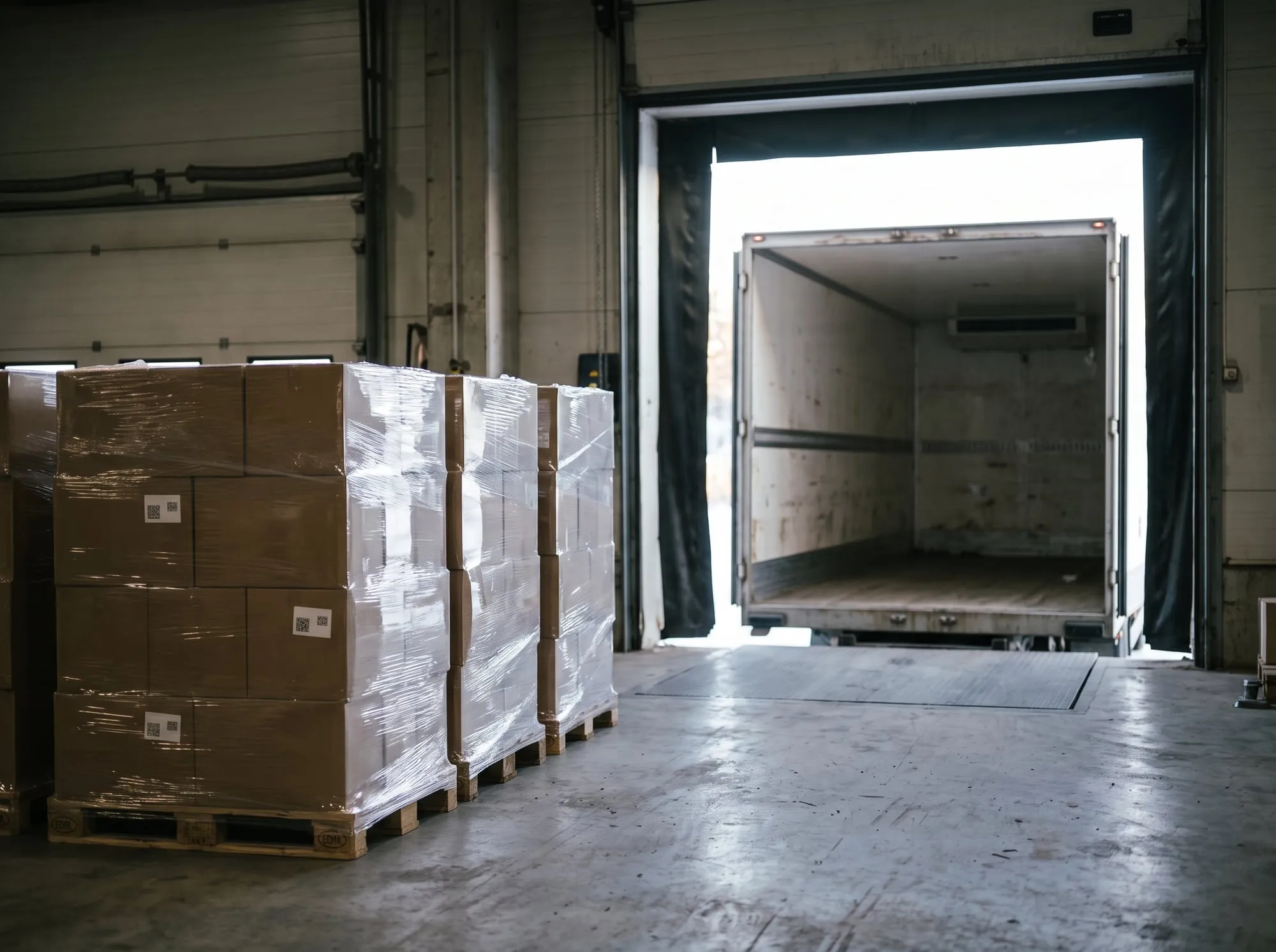 Wrapped pallets ready to load at an open dock door