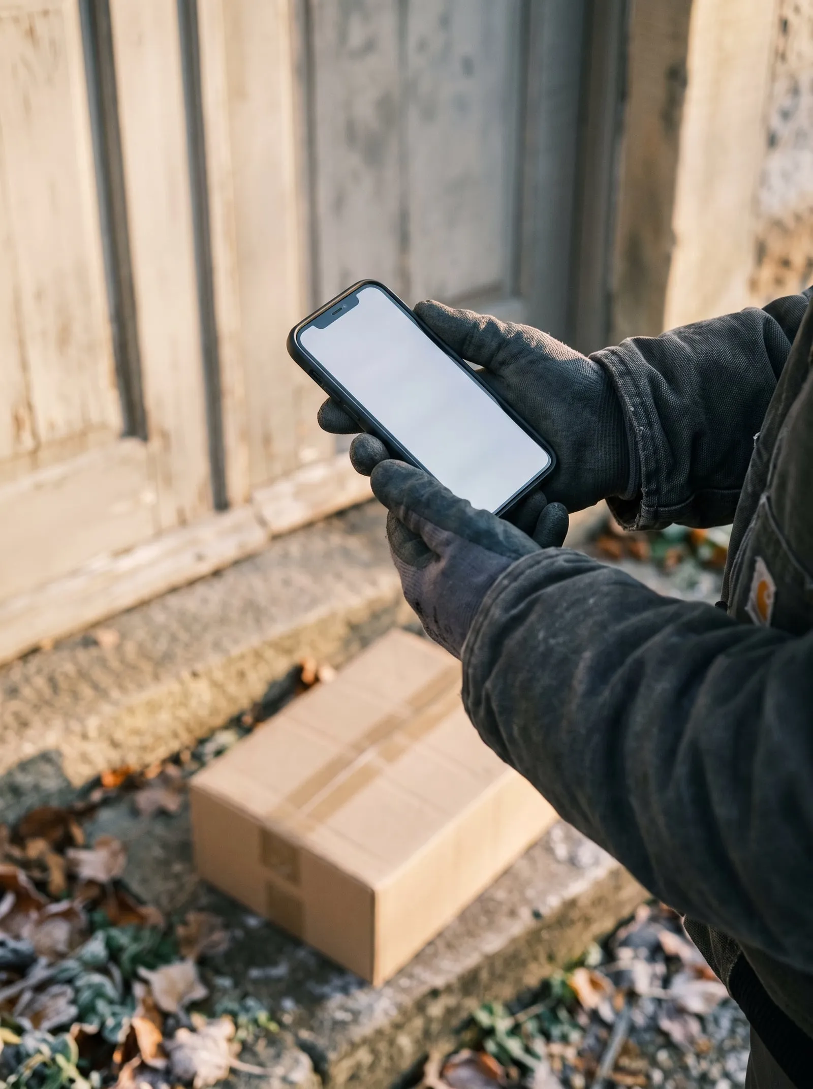 A driver’s hands holding a phone at a doorstep, a parcel on the step