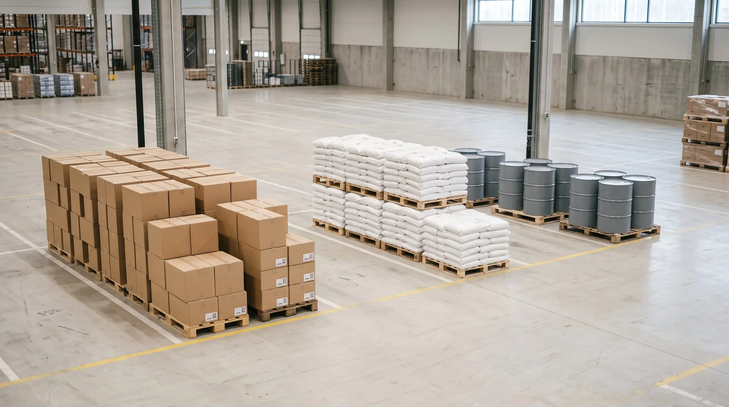 Customer goods in their own marked bays: cartons, sacks and drums