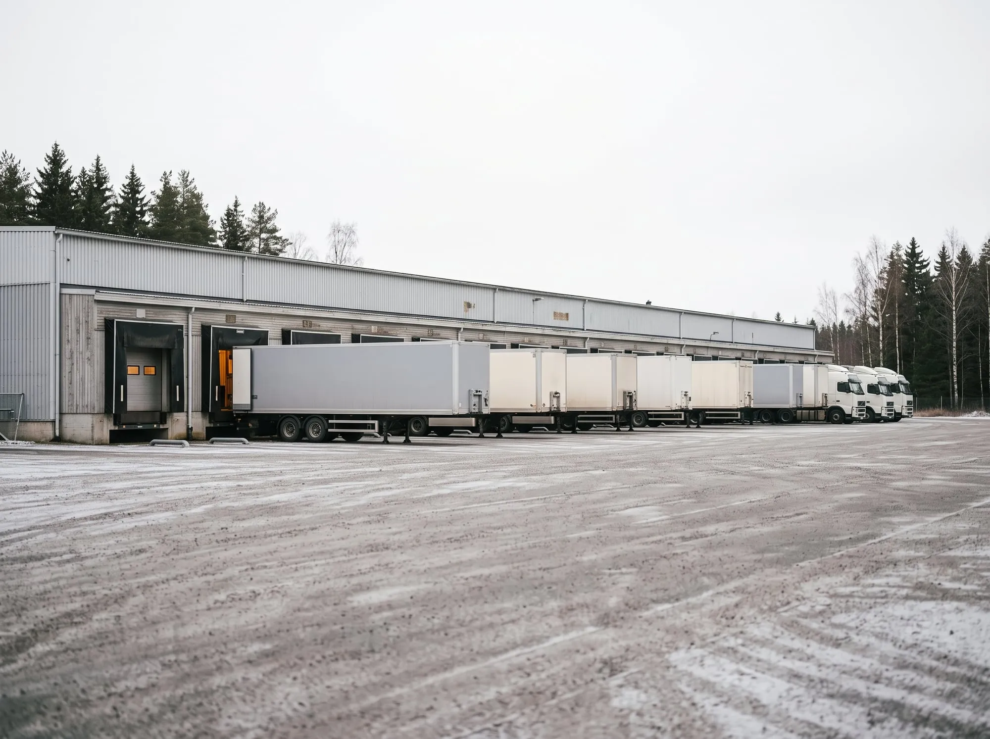 Trailers backed into a long row of dock doors at a cross-dock terminal
