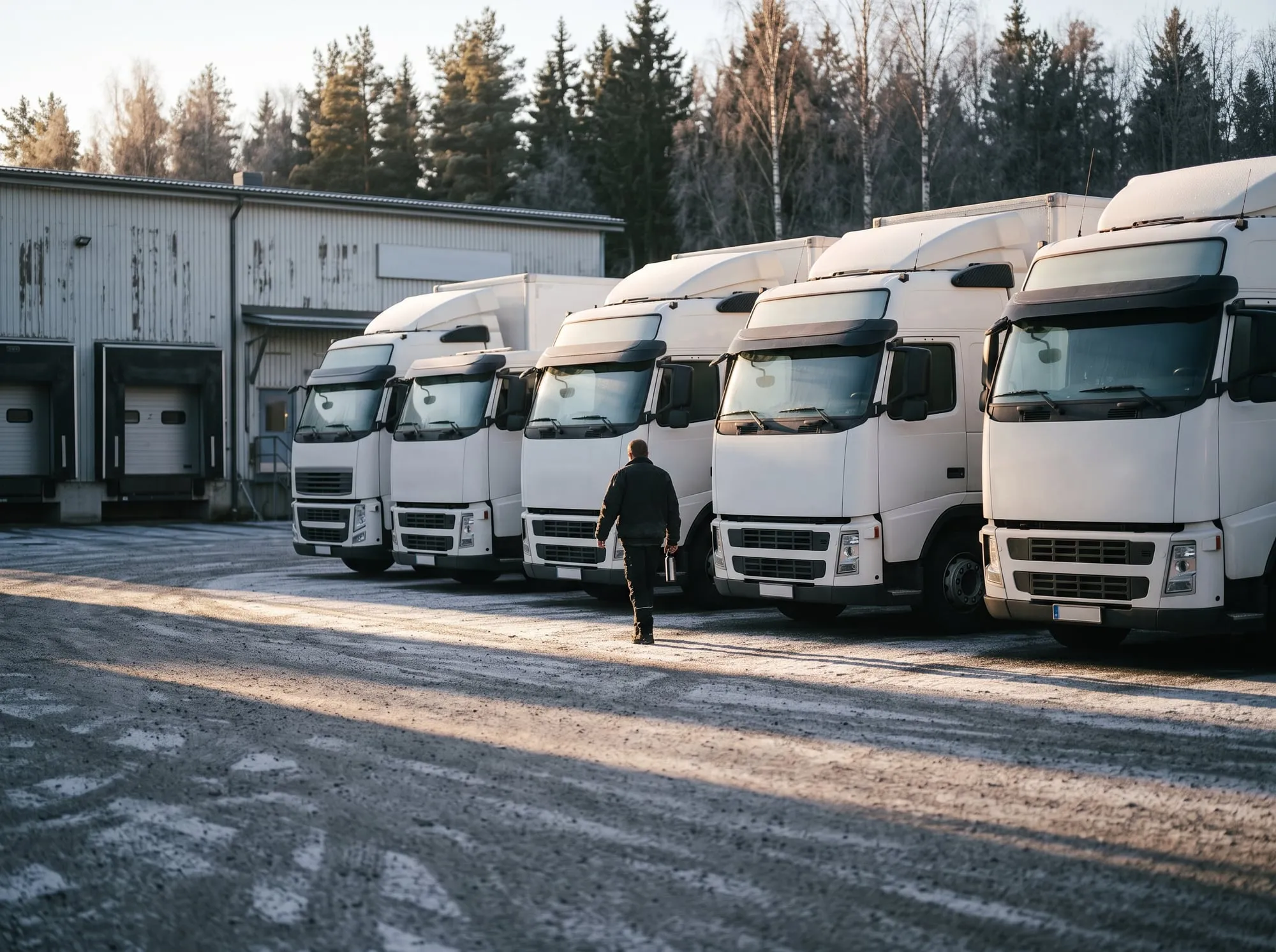 A row of white trucks parked at a depot in low winter sun