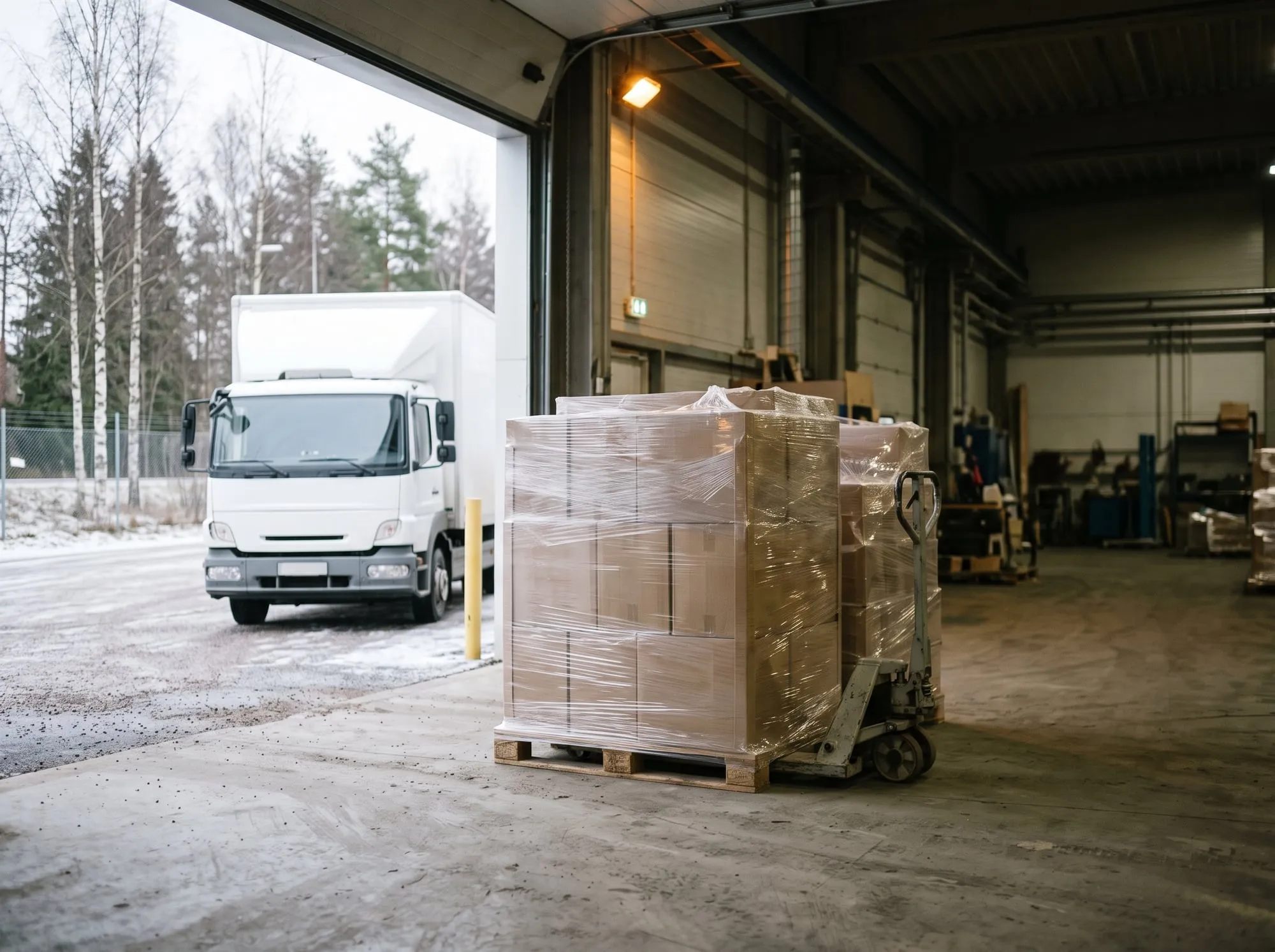 Wrapped pallets at a factory’s outbound dock, a truck waiting outside