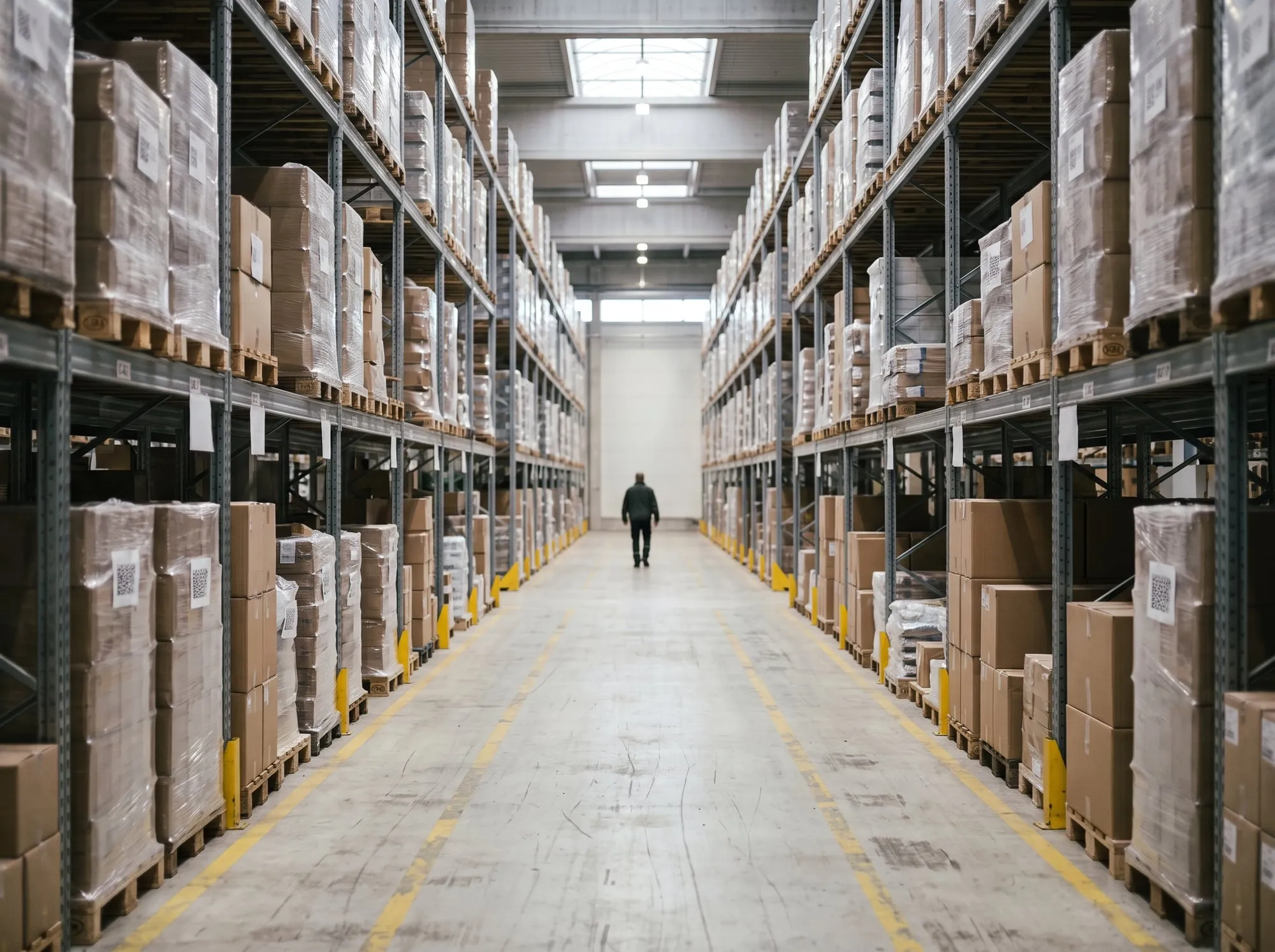 A long warehouse aisle between tall pallet racks