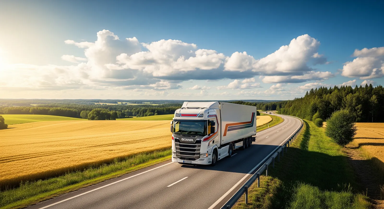 A truck on a northern European road at dusk