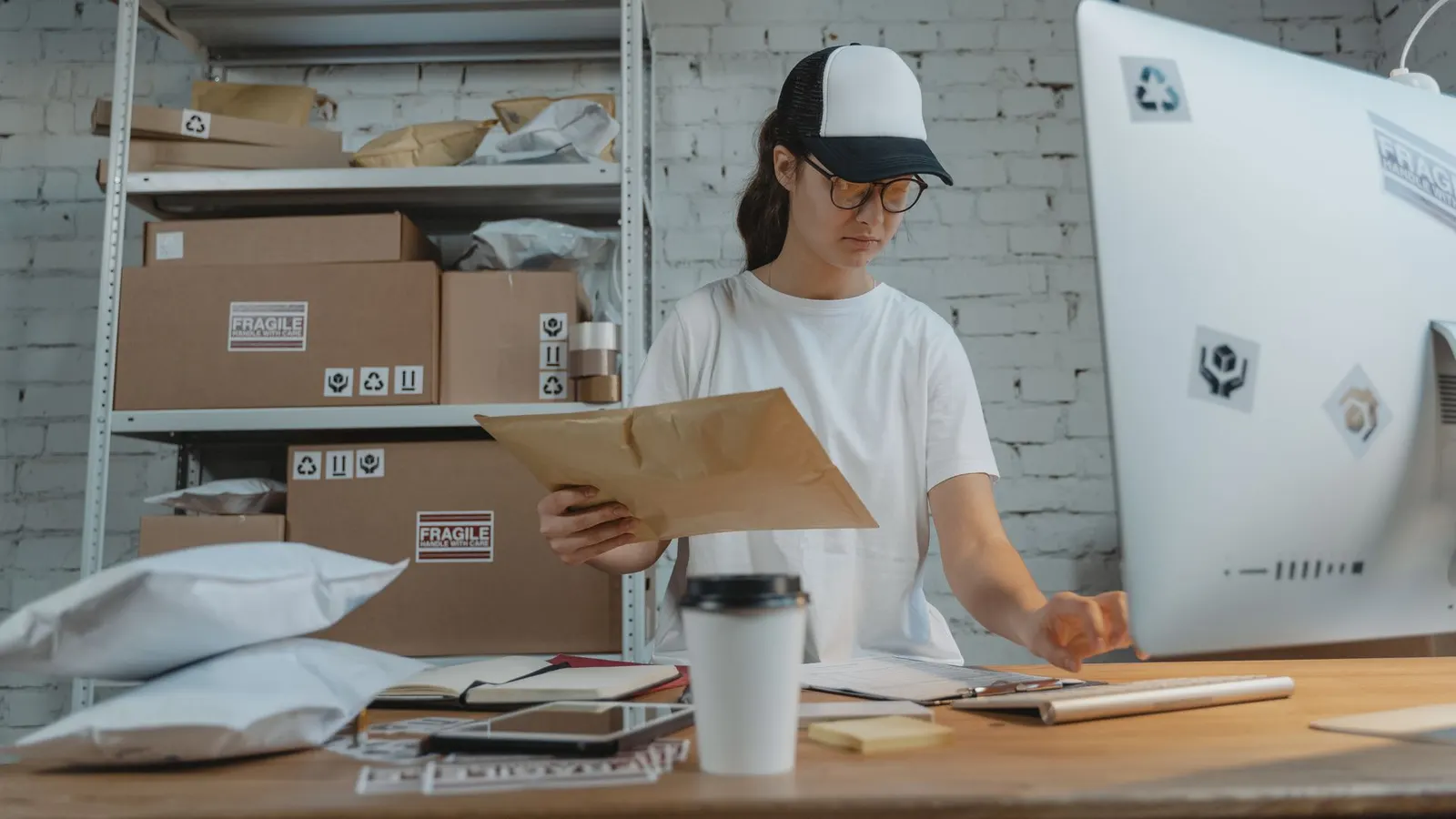 A small-business shipper at her desk with parcels, working at a screen