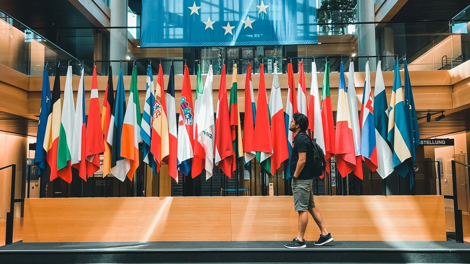 Member state flags in a row beneath the EU flag in the European Parliament
