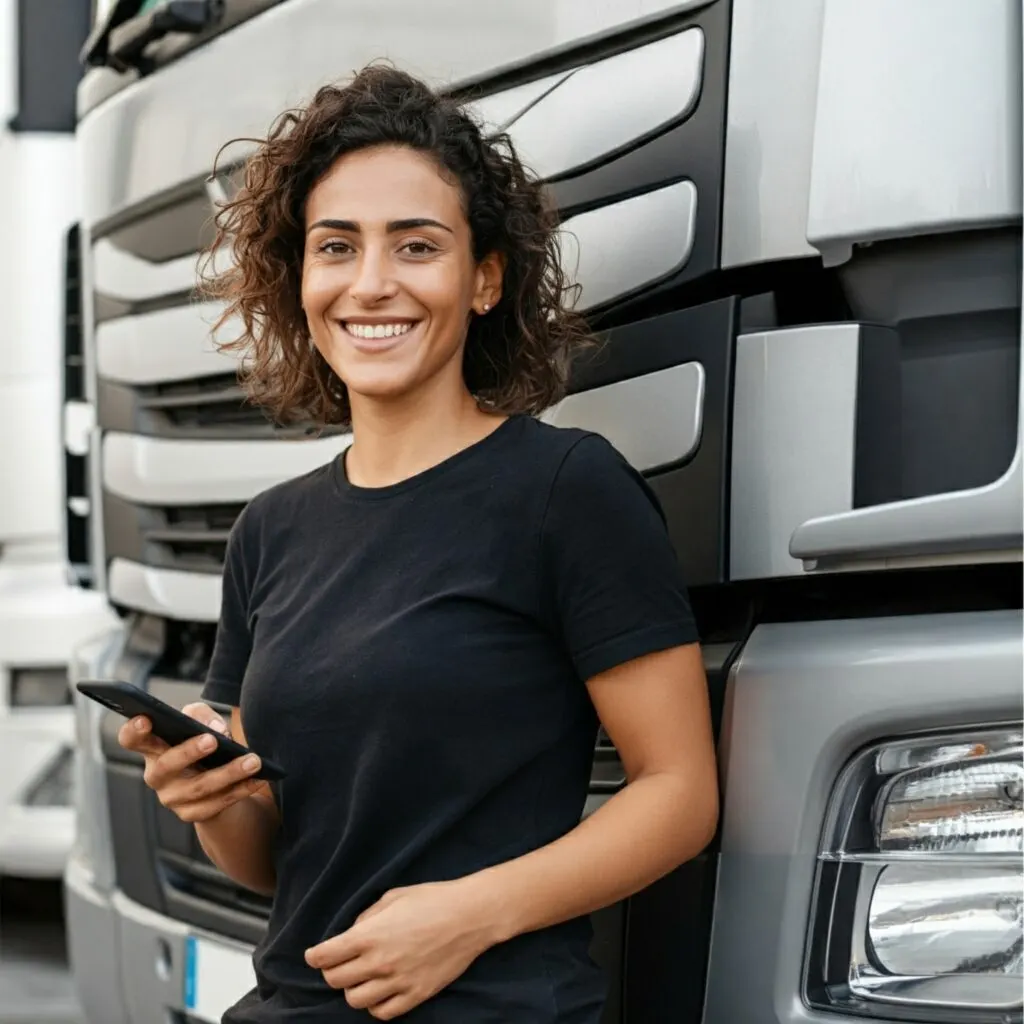 A driver at the open door of a truck cab