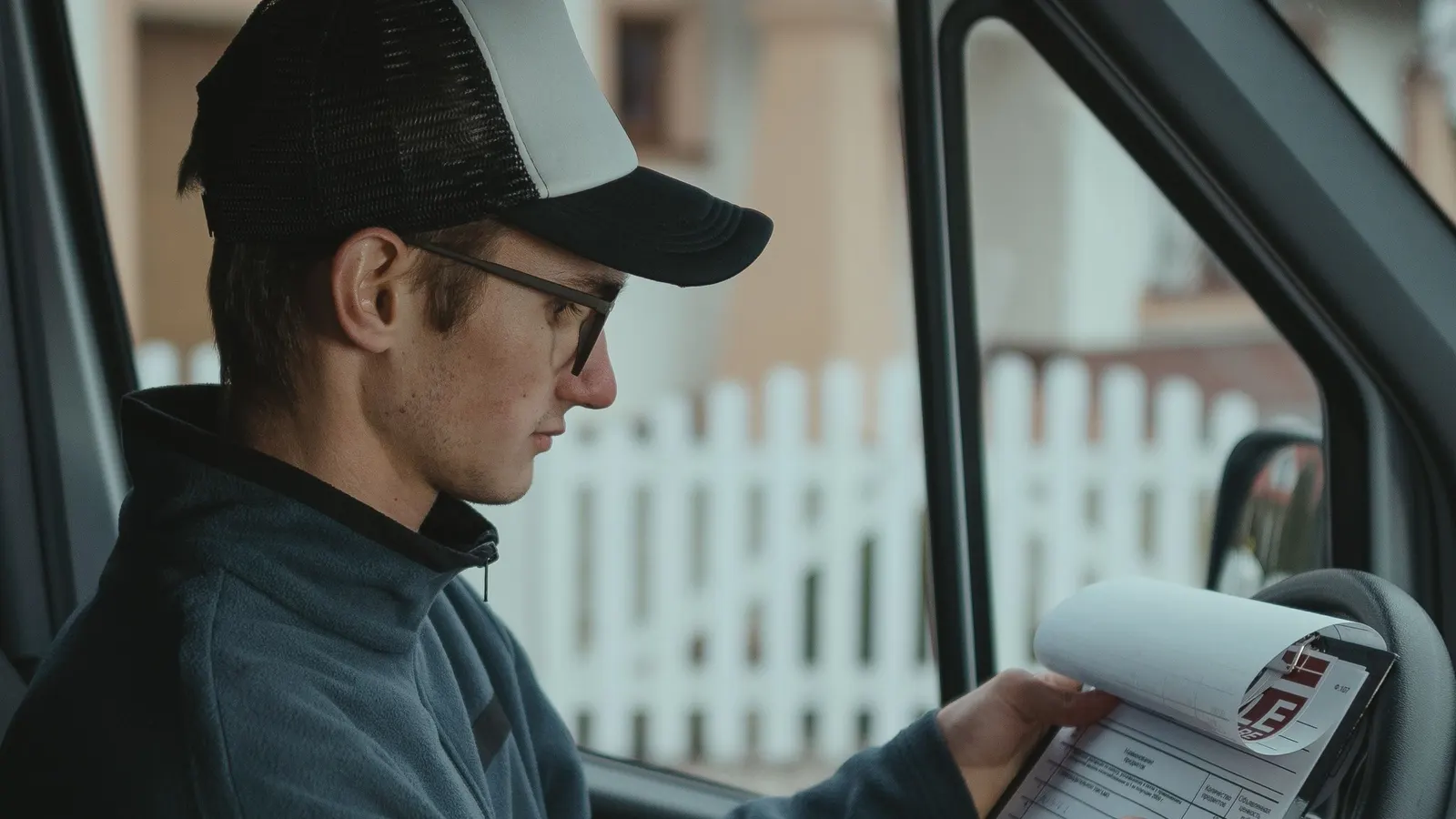 A delivery driver in a van cab filling in a paper delivery document on a clipboard