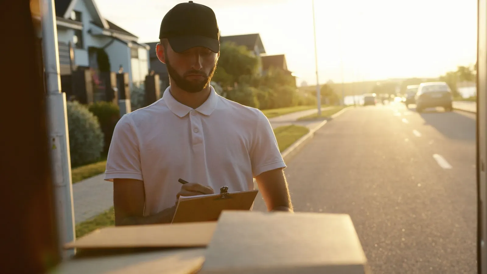 A courier writing on a paper clipboard at the open door of a delivery van