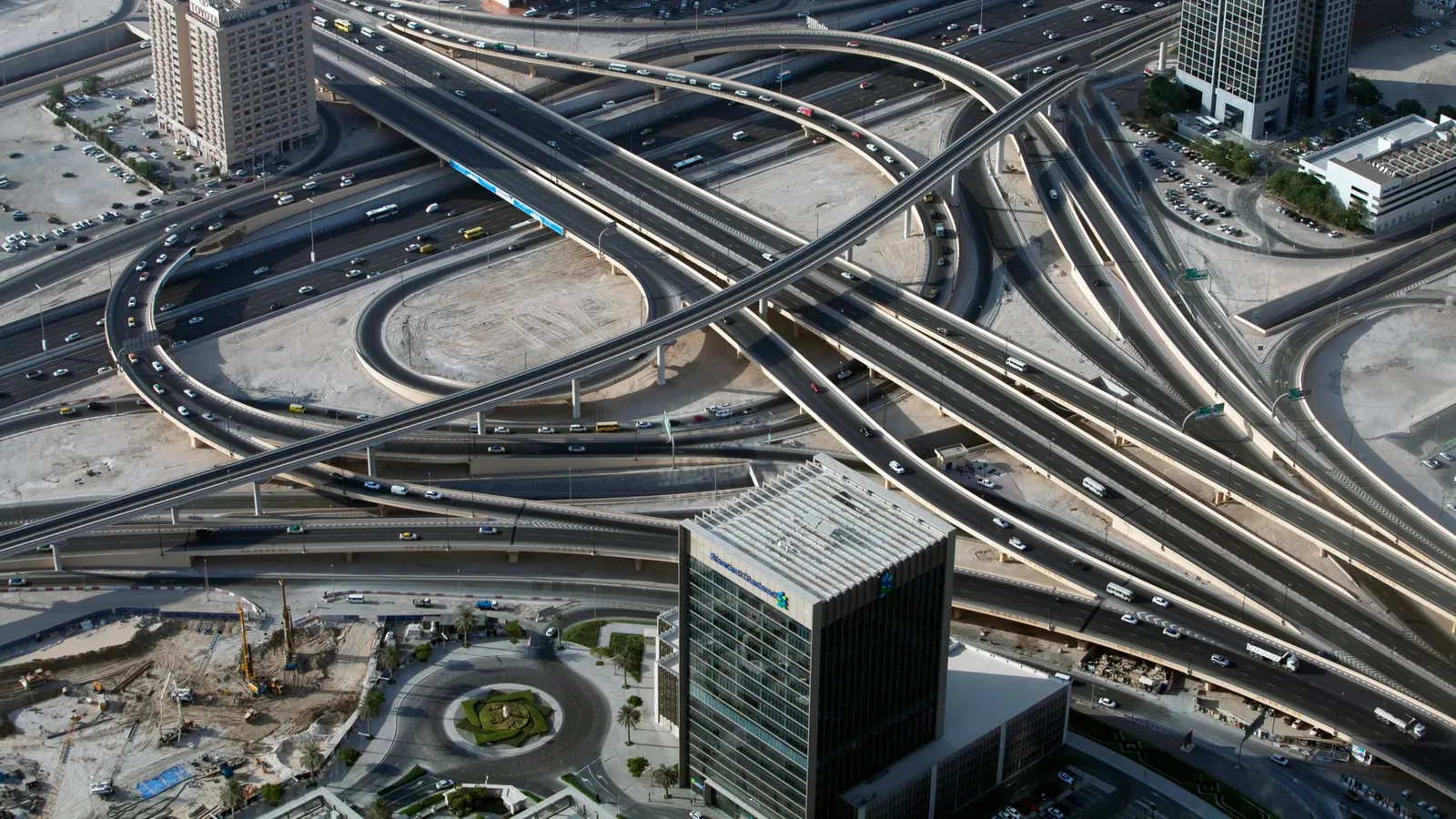 Aerial view of a complex multi-level highway interchange