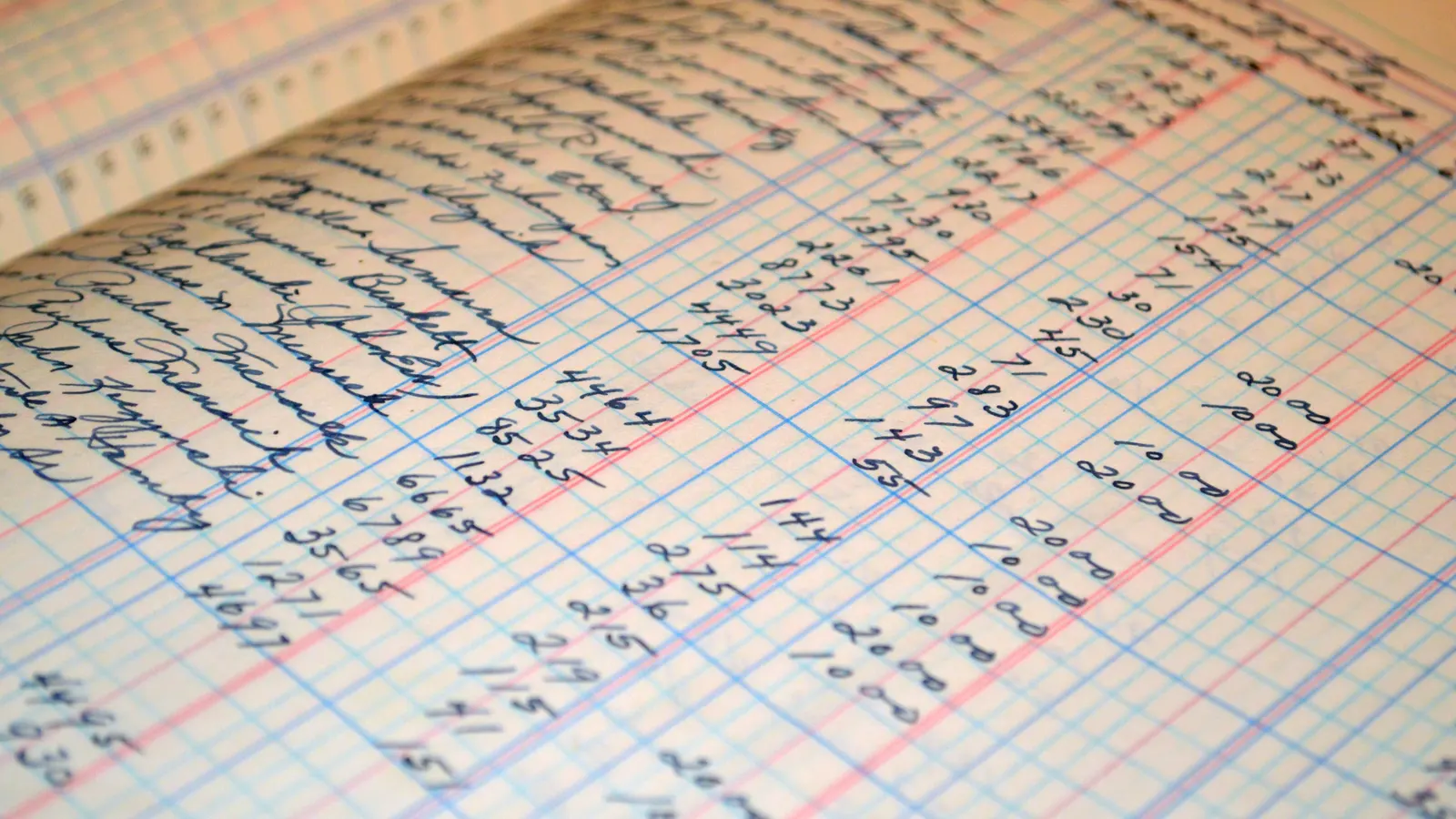 Close-up of an open handwritten ledger, ruled in blue and red, with names down one column and figures written across the page