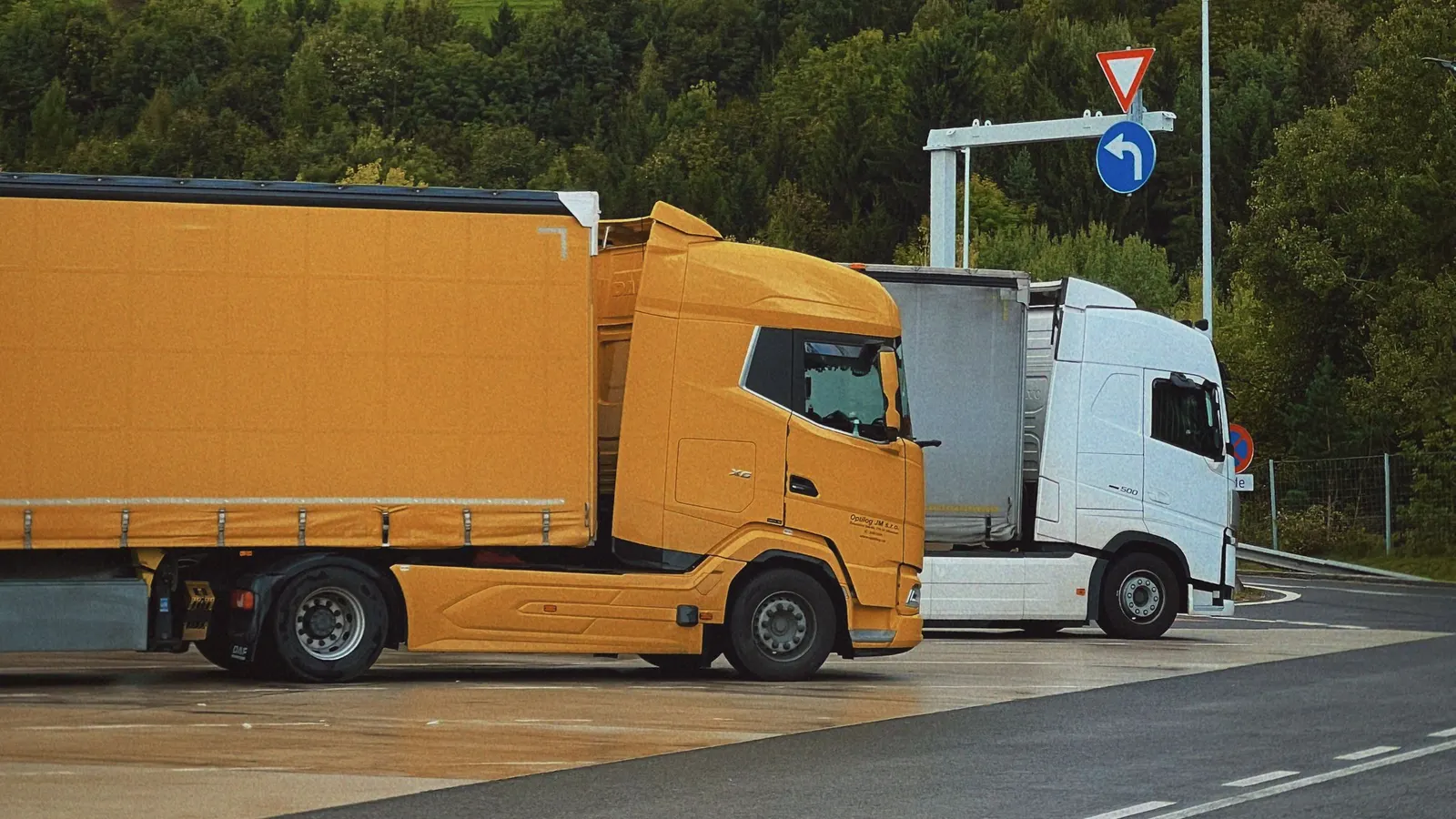 Two trucks in different liveries parked side by side at a rest area below a forested hillside