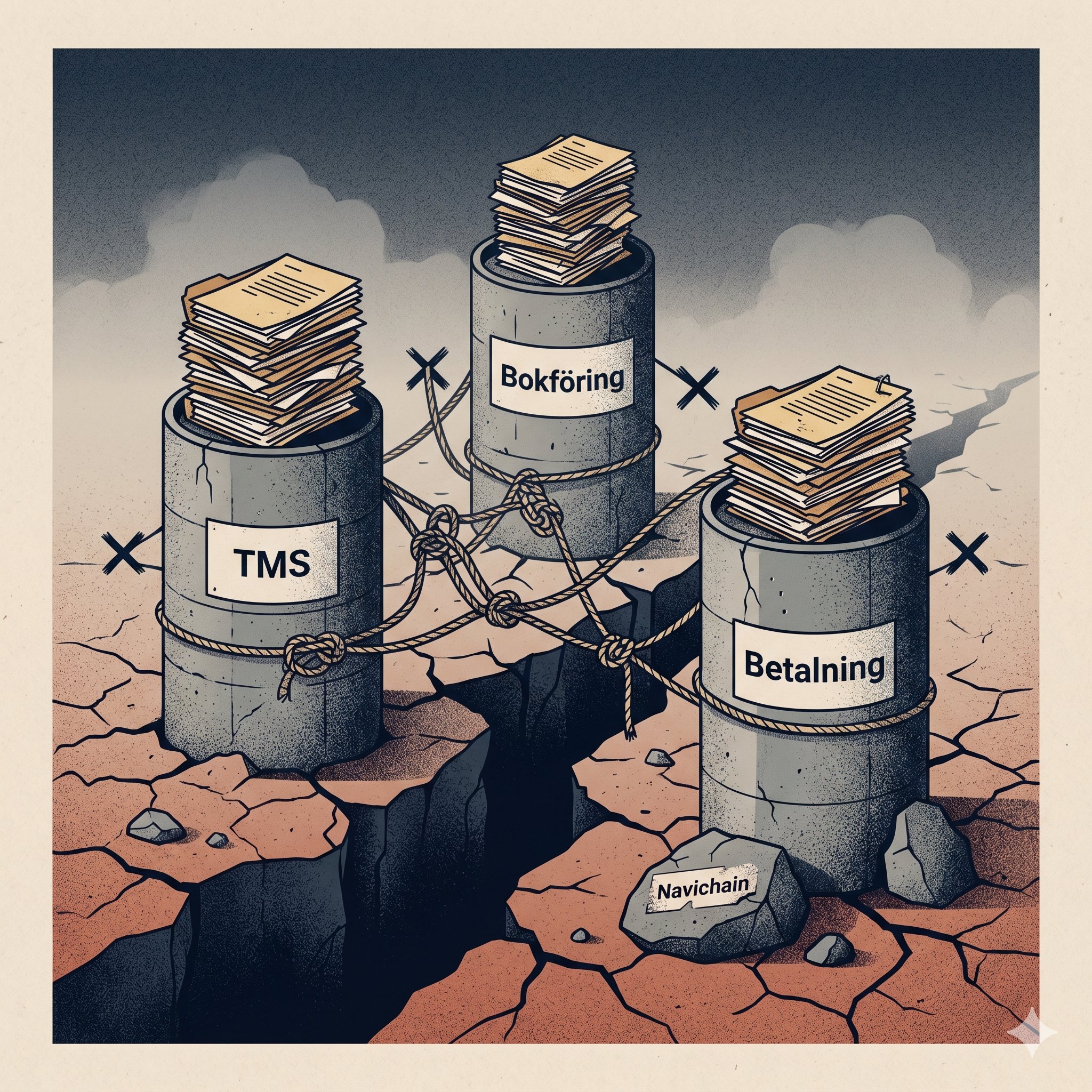 Illustration av systemsilos: TMS, Bokföring och Betalning som separata betongcylindrar sammanbundna med rep och kryssmarkeringar — Navichain som lösning på krackelerande underlag
