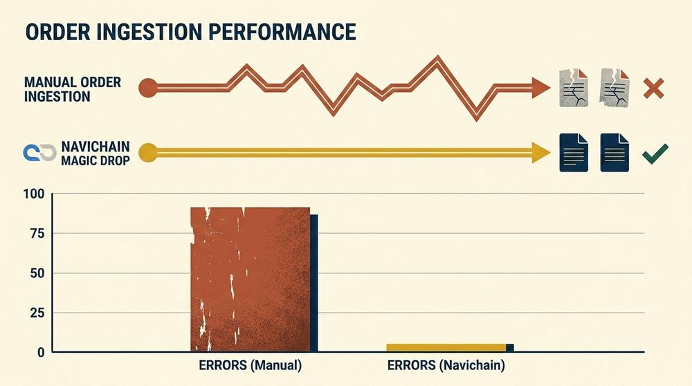 Order Ingestion Performance — jämförelse mellan manuell inmatning och navichain Magic Drop visar dramatisk felreduktion