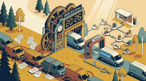 En skåpbil med Navichain HaaS-utrustning, illustrerande automatiserad hantering av färdskrivardata och EU-regler för lätta transportfordon.