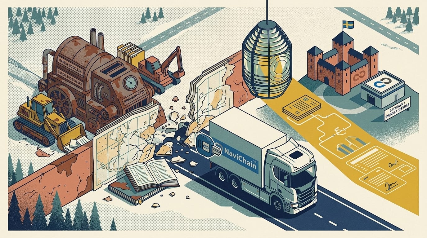 En åkare använder Navichains molnbaserade TMS för att effektivisera ruttplanering och orderhantering på en mobil enhet, med en modern lastbil i bakgrunden.