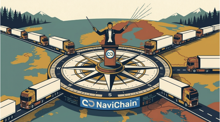 Navichains ekosystem: fordon och data strömmar in till en central hub för realtidskontroll och transparens inom fleet management.