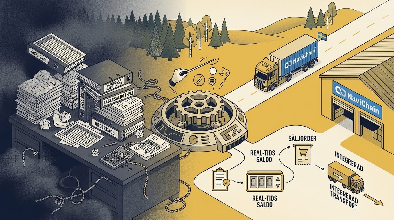 Grafisk illustration av Navichains integrerade varuflöde som kopplar ihop artikelregister, inköpsorder, lagersaldo, säljorder och transport i ett sömlöst system.