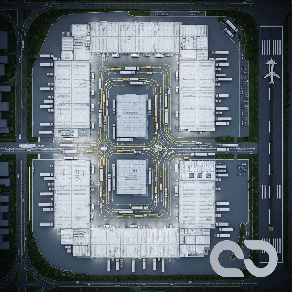 En modern logistikterminal under natten med lastbilar som rullar in och ut, symboliserande effektiv hantering av multileg-transporter och crossdocking med Navichain TMS.
