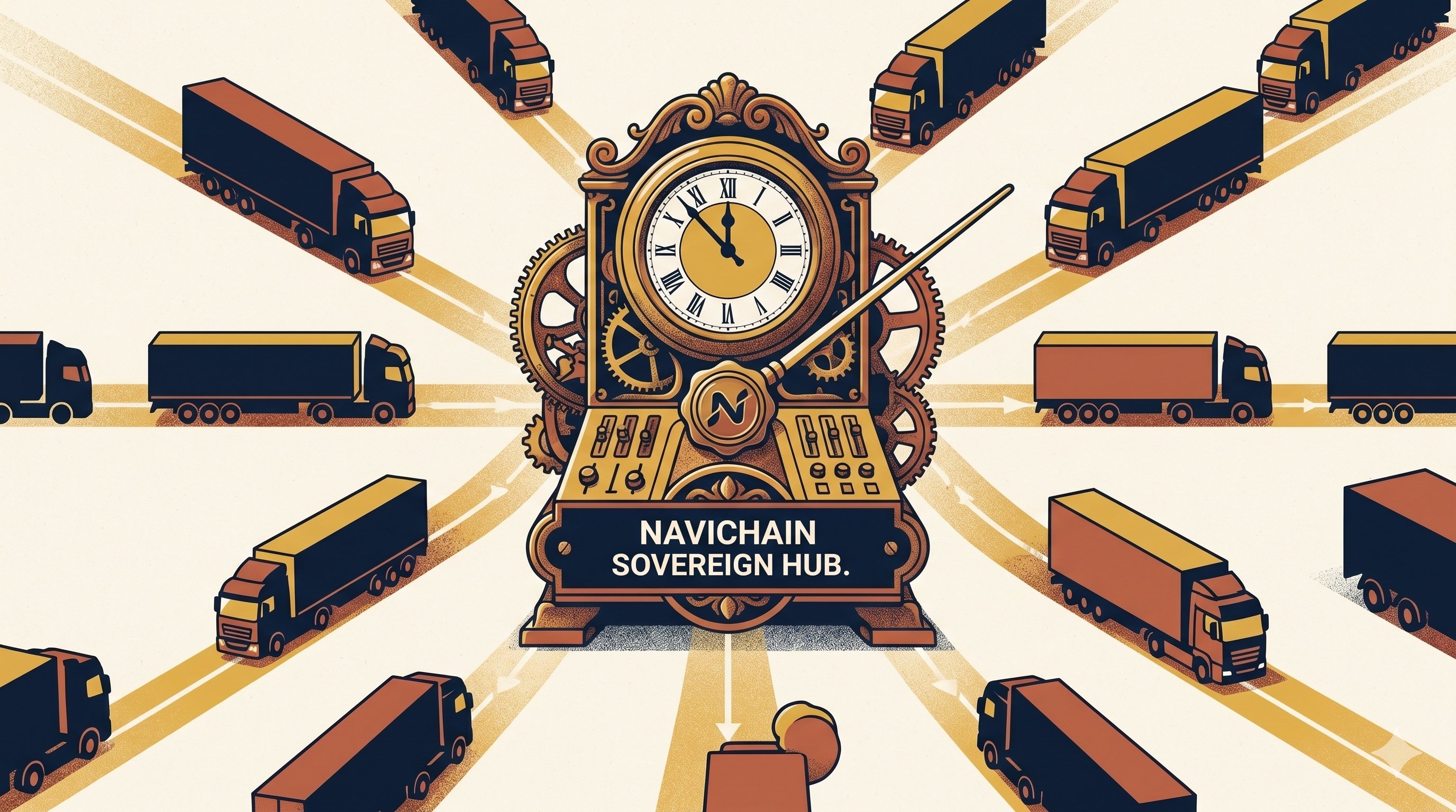 Navichain Sovereign Hub: ett ornamentalt urverk i centrum med lastbilar som strålar samman från alla håll — symbolen för att Navichain orkestrar all trafik