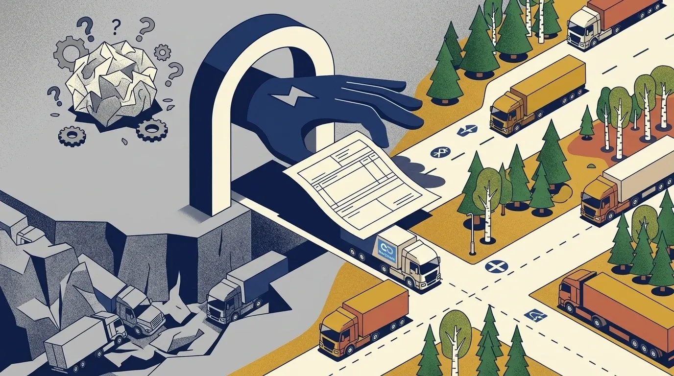 En hand som drar och släpper en fil på en skärm med Navichains logotyp, illustrerande snabb konvertering av transportbokningar till CMR-dokument.