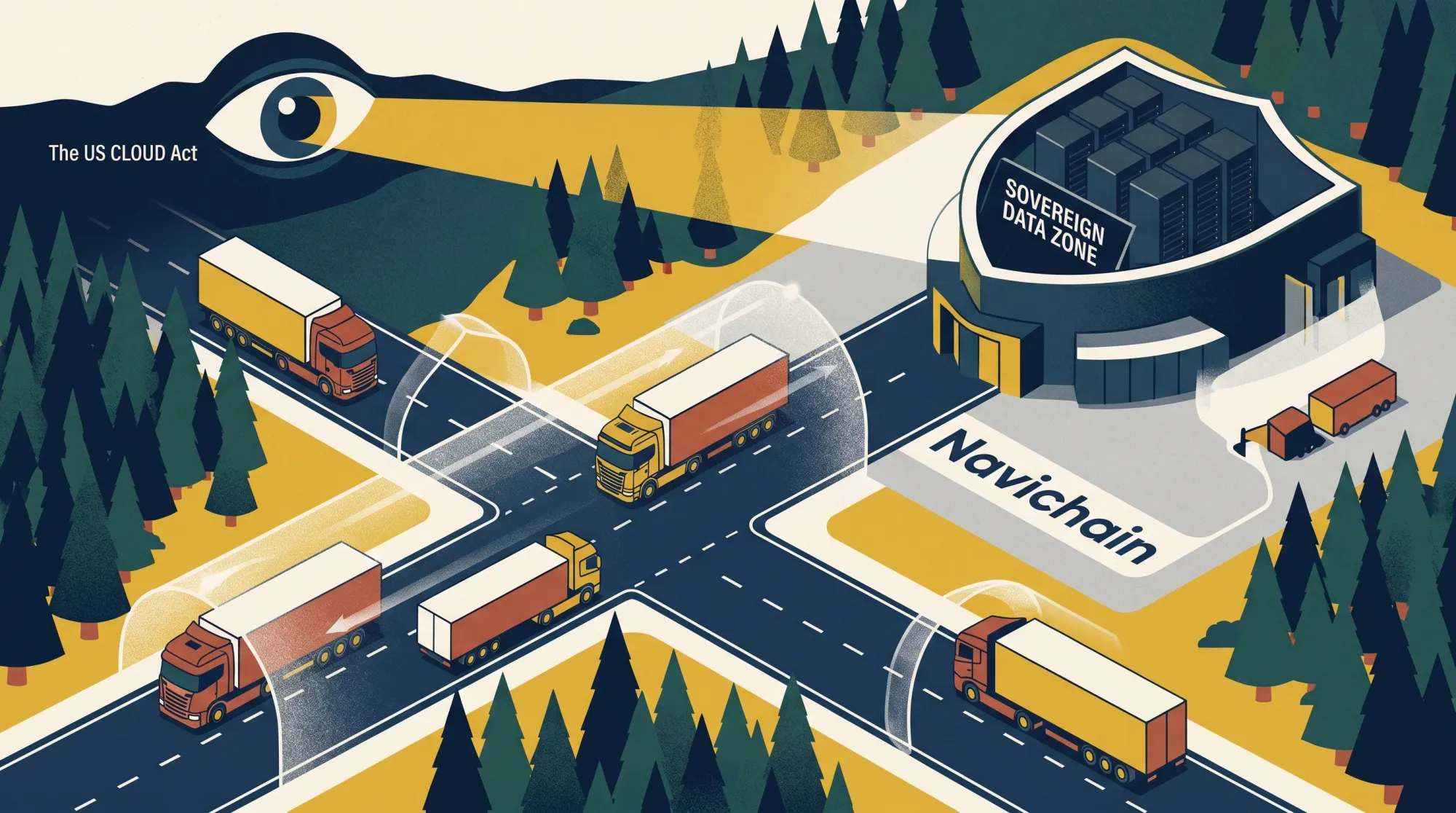 En säker digital logistikplattform som skyddar känslig data och affärshemligheter mot US CLOUD Act och AI-fällor, symboliserat av en modern lastbil och ett lås.