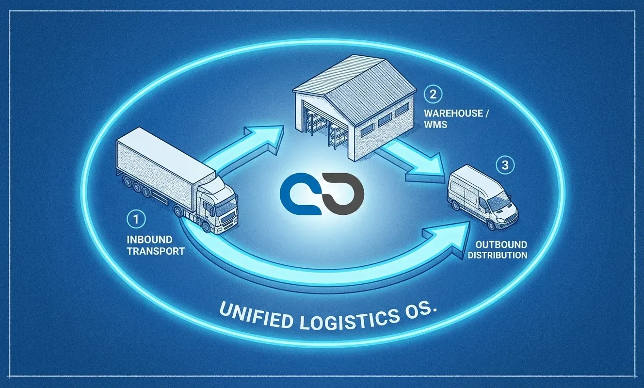 Diagram of a Logistics OS showing the interconnectedness of inbound transport, warehousing, and final delivery.
