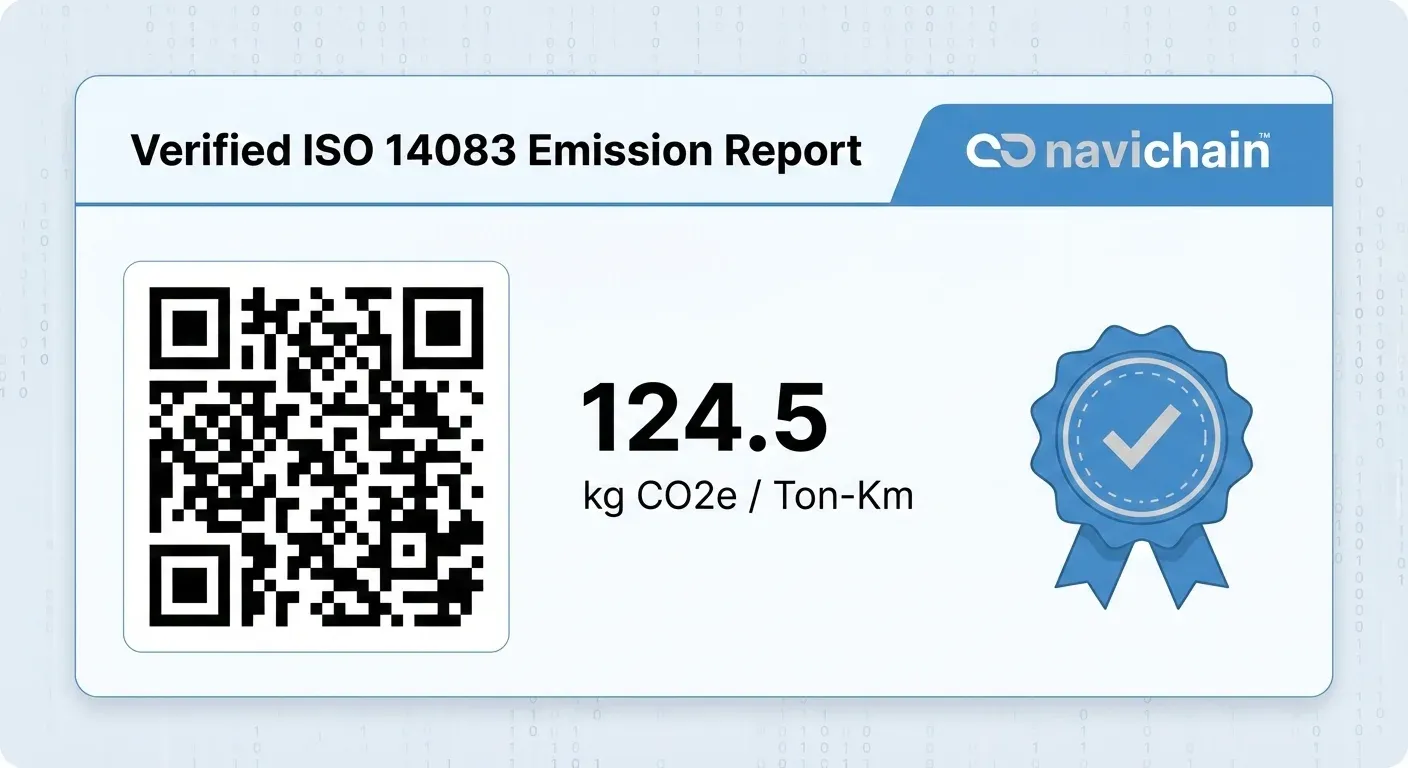 A digital certificate with a 'Verified ISO 14083' seal showing precise CO2 figures for a specific shipment.
