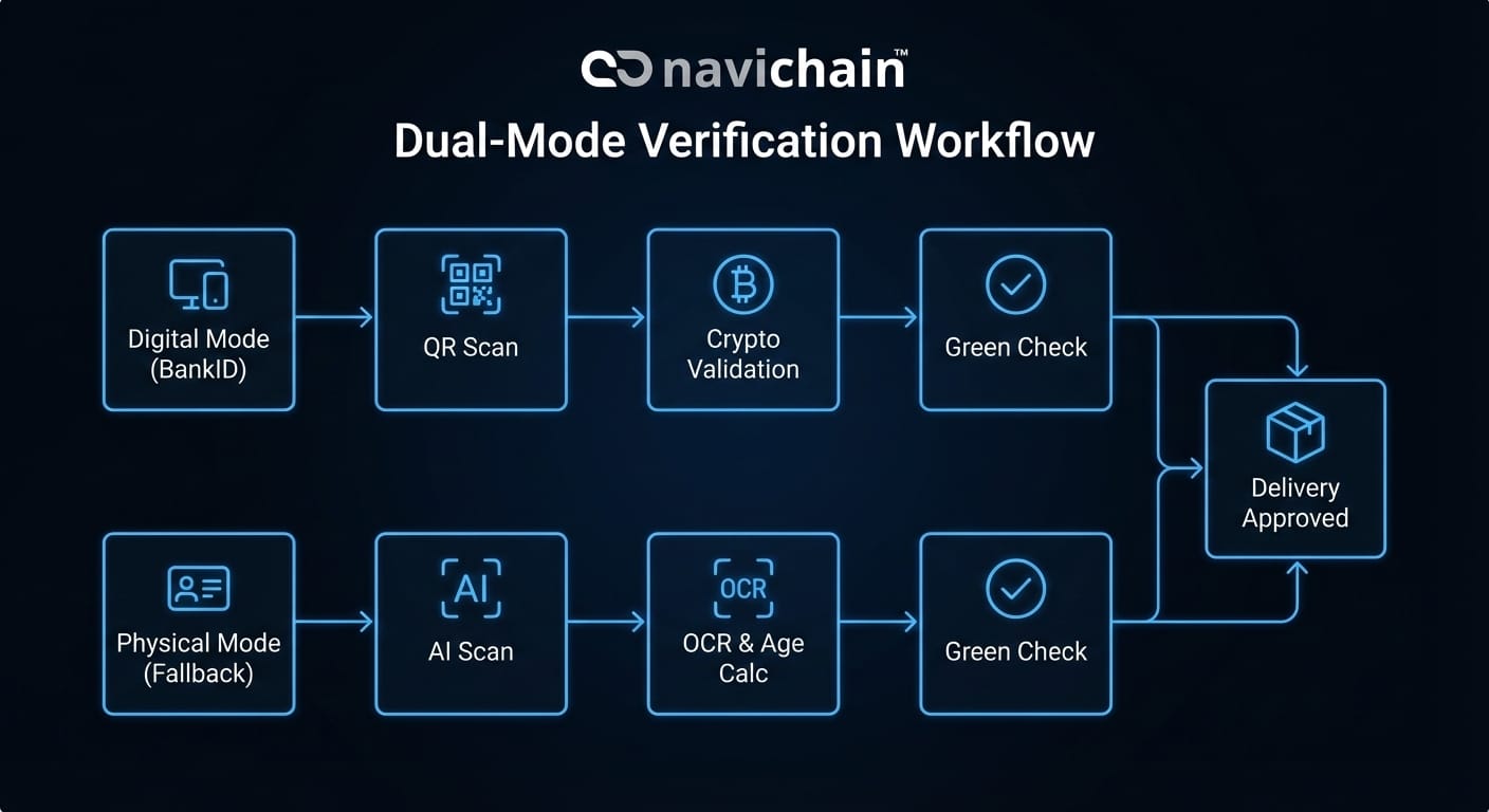 Navichain's ID verification workflow: Compliant ID verification steps at point of delivery illustrated.