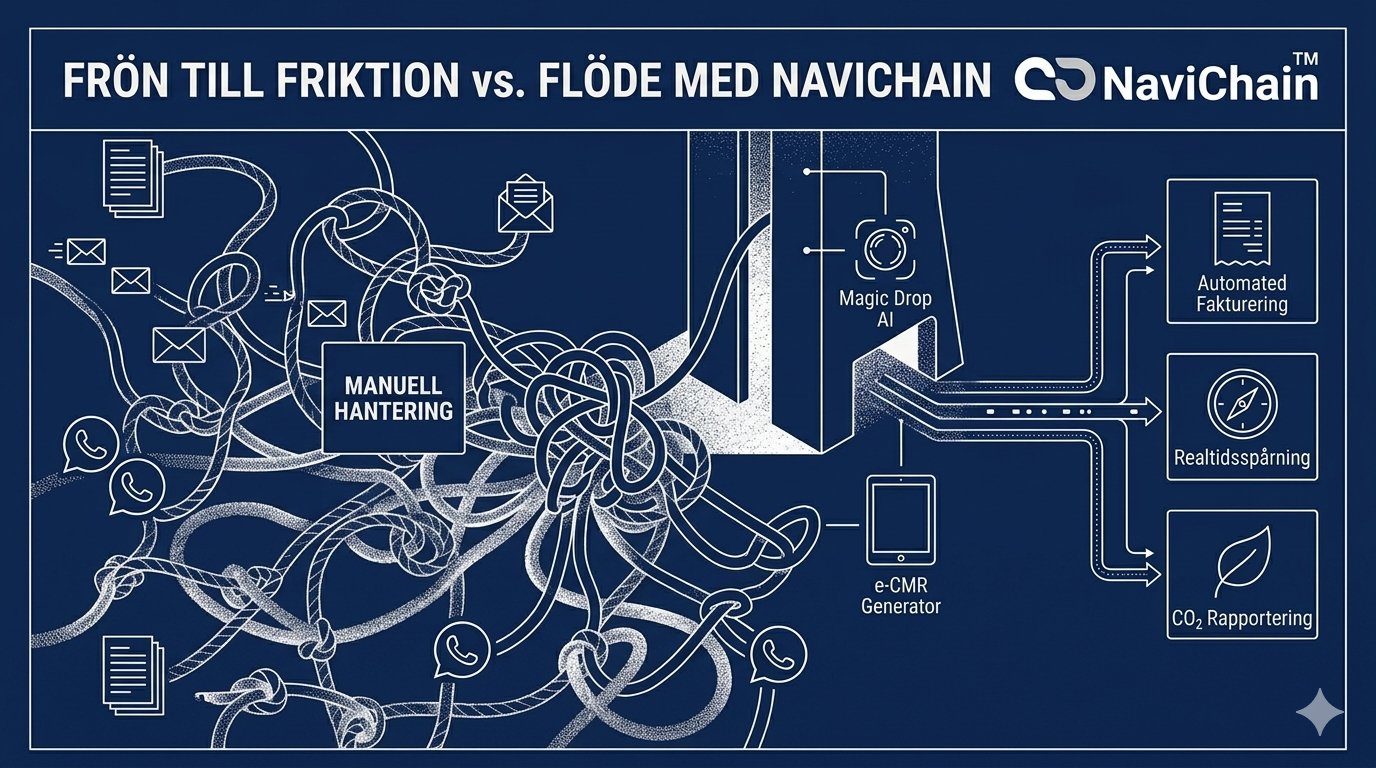 Schematisk bild: från manuell hantering via Magic Drop AI till automatiserad fakturering, realtidsspårning och CO₂-rapportering