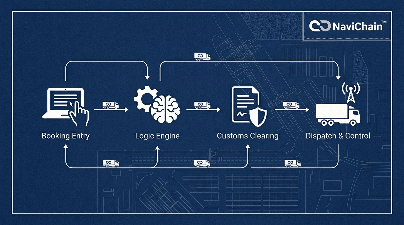 Navichain Autopilot schematic — Booking to Dispatch flow