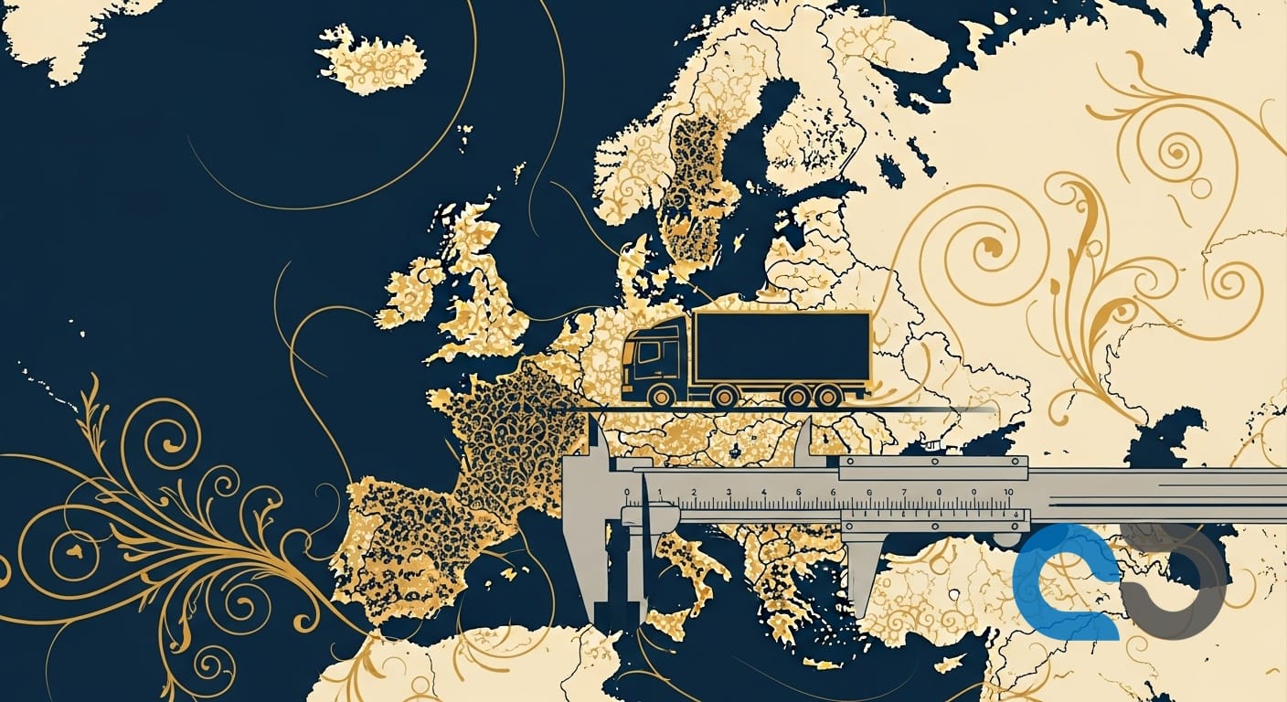 Lastbil på väg med en överlagd bild av datakod, symboliserande datainsamling och spionage. Illustrerar hotet mot transportdata.
