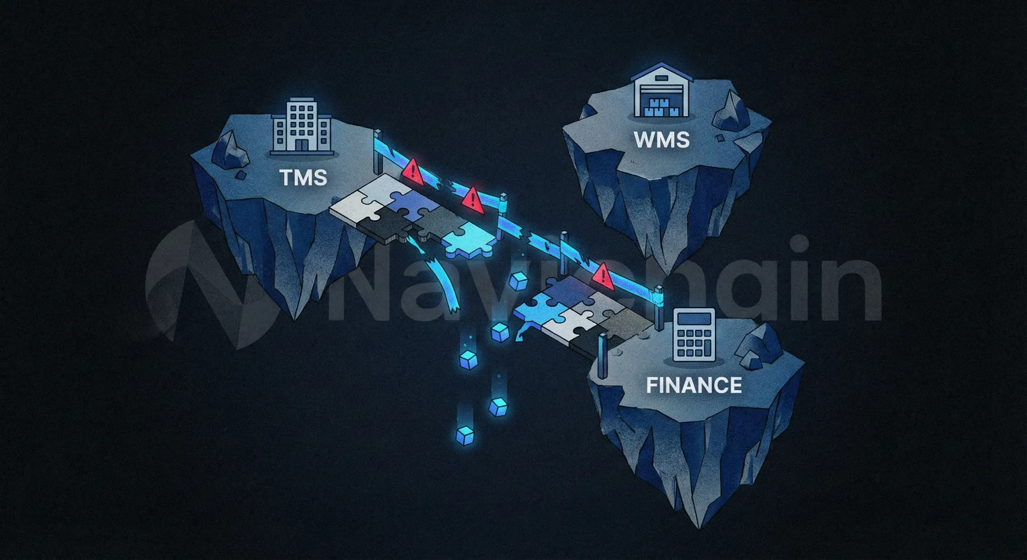 Illustration av hur frånkopplade system skapar ineffektivitet och finansiell friktion för logistikföretag.