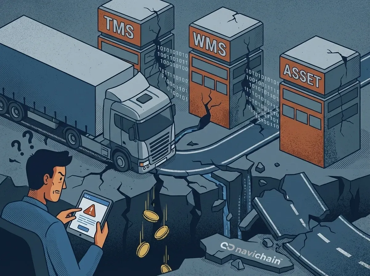 Illustration showing fragmented logistics data as roadblocks hindering a small or medium enterprise.