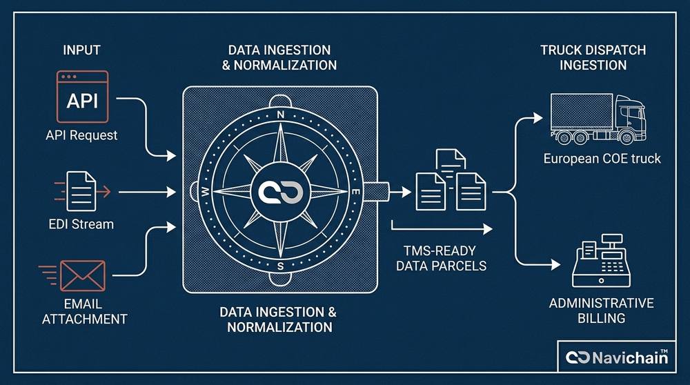 Magic Drop systemarkitektur — från API, EDI och mejl till TMS-redo datapaket och lastbilsdispatch