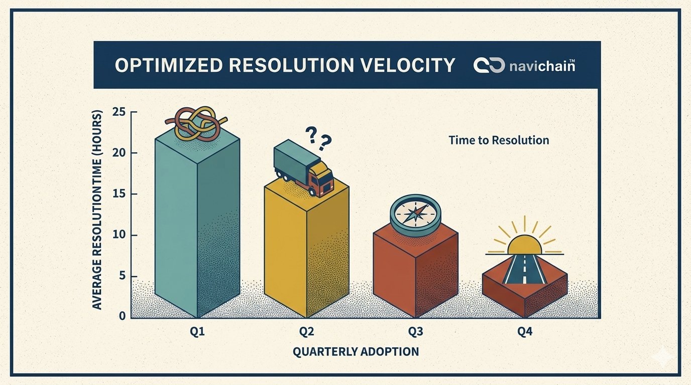 Diagram: Optimized Resolution Velocity – genomsnittlig lösningstid minskar dramatiskt per kvartal med navichain