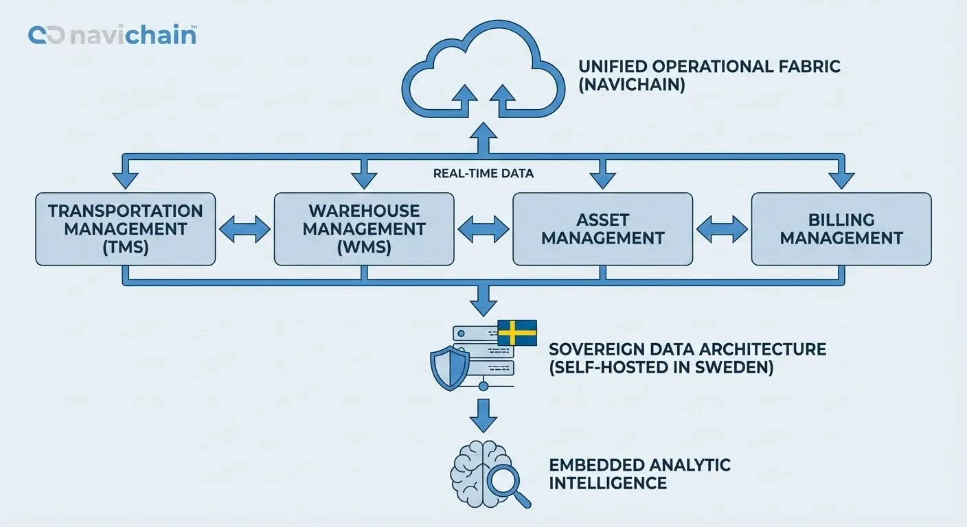 Diagram showing unified logistics platform with data flowing between TMS, WMS, billing.