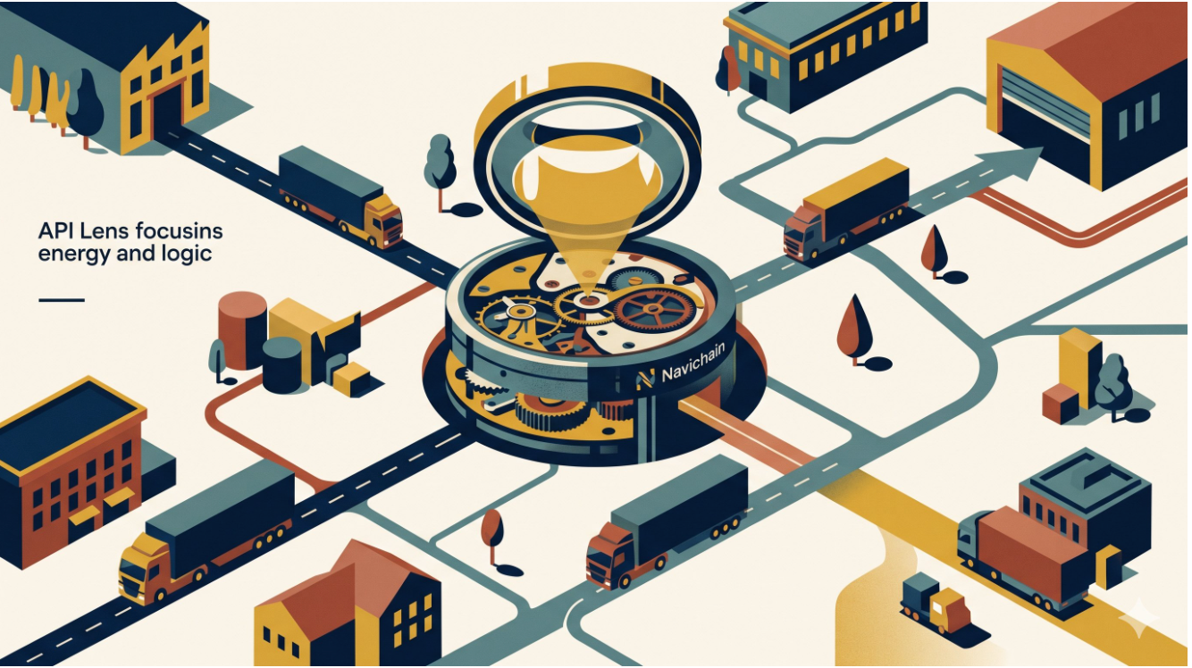 Illustration som visar Navichain som en central logistisk nav-punkt (Sovereign Hub) som integrerar olika system, flöden och aktörer i transportbranschen genom API:er.