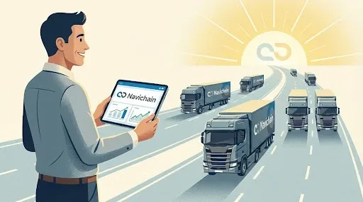 Logistics manager smiling at a clean digital dashboard