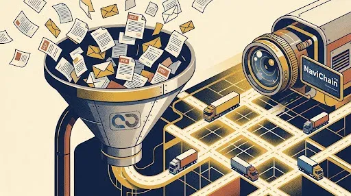 Illustration av AI som tolkar olika ostrukturerade dokument som e-post och PDF till strukturerade bokningar för transportplanering i navichain-systemet.