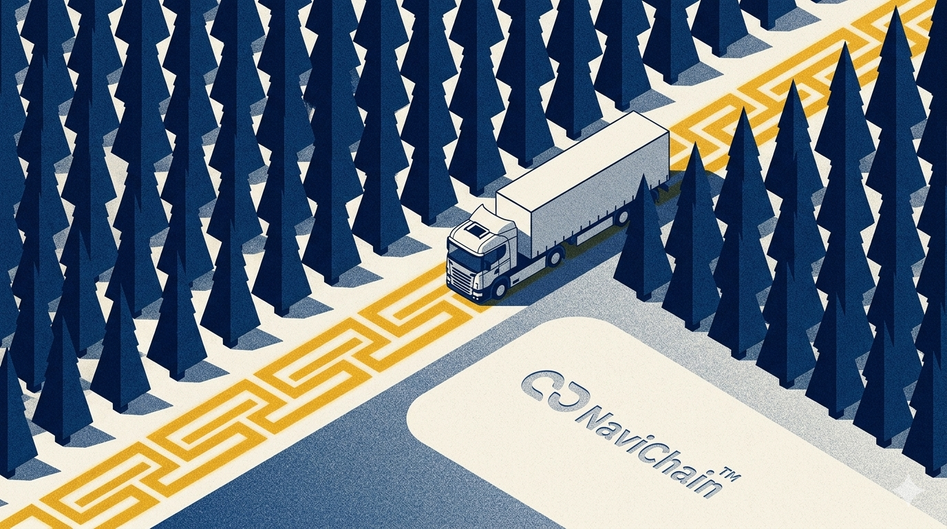 En karta som visar optimerade rutter för lastbilar, symboliserande Navichains AI-drivna ruttoptimering med HERE Maps för att skydda marginaler mot ETS 2.