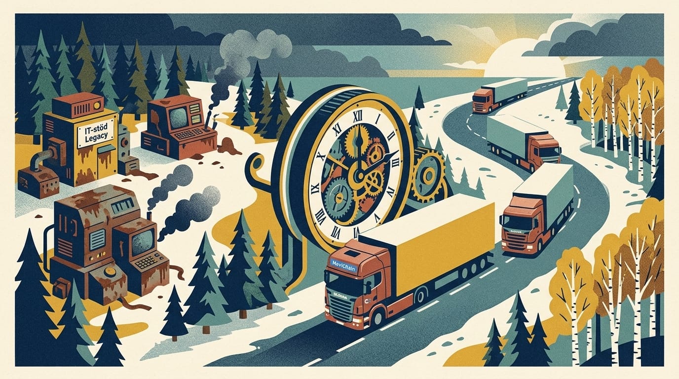 En person tittar på en digital display med olika Transport Management Systems (TMS) och jämför data, symboliserande val och analys för ett åkeri. Bakgrund med lastbilar och logistik.