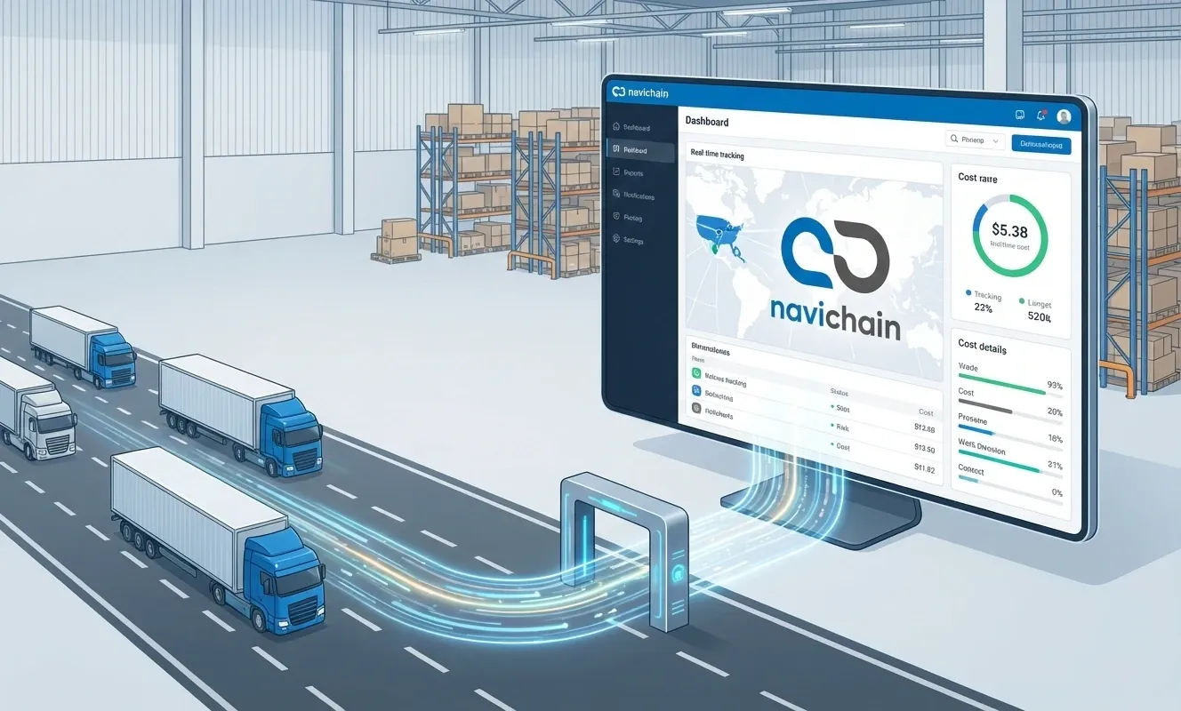 Streamlined logistics operation, transparent and controlled, showcasing successful self-orchestration for improved control.