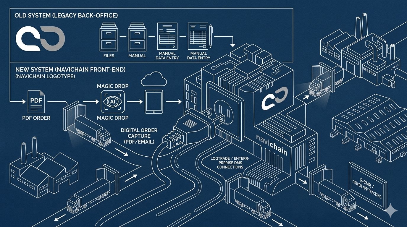 Navichain systemschema — från legacy till digital front-end