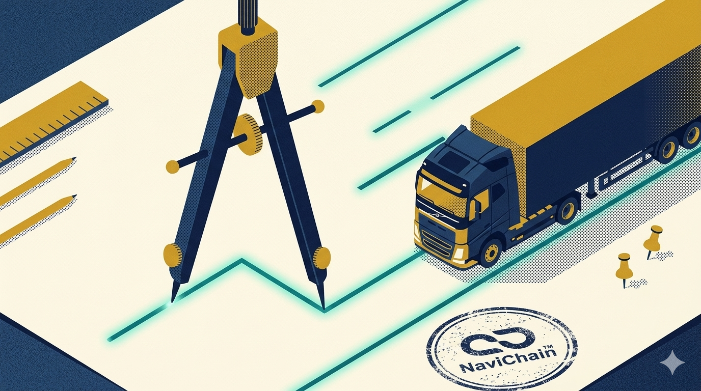 En futuristisk bild som symboliserar AI och automation inom logistik, med en lastbil och digitala flöden i bakgrunden, representerande Navichains lösningar.